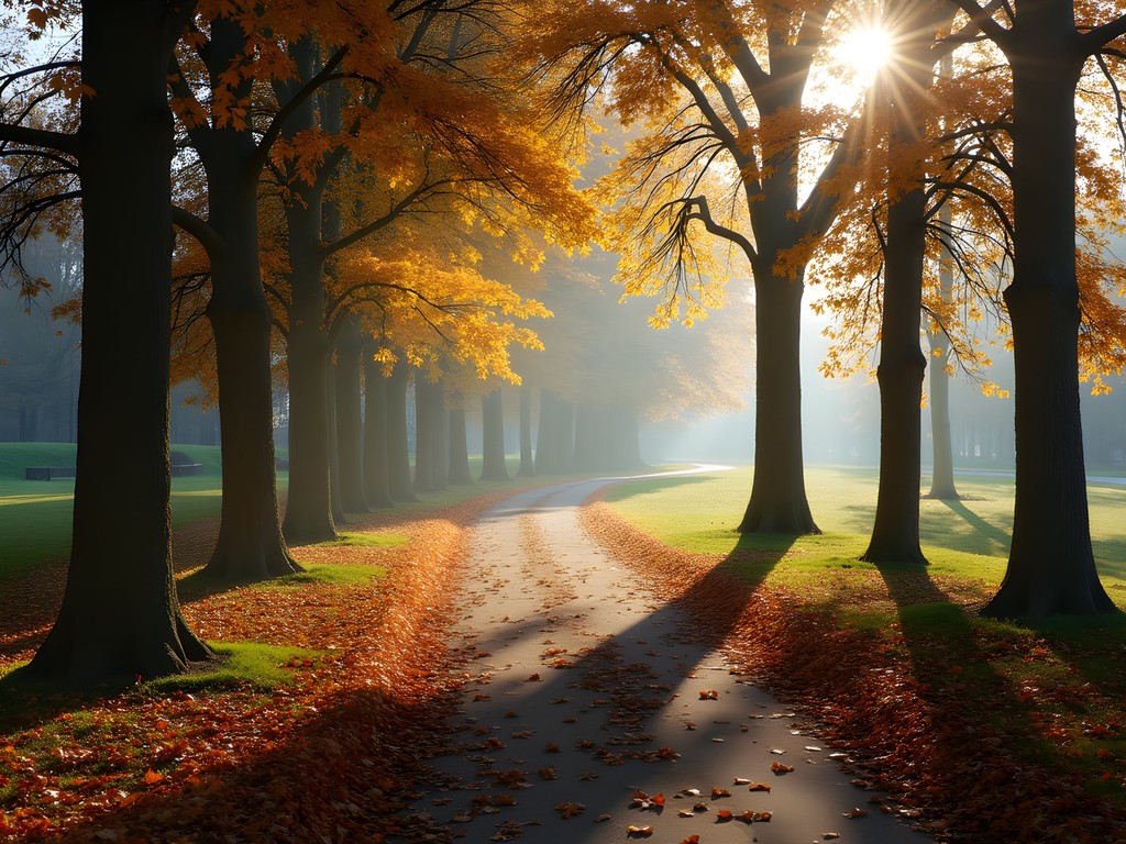 Tree-lined path in Poznan's Citadel Park with golden autumn leaves