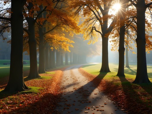 Tree-lined path in Poznan's Citadel Park with golden autumn leaves