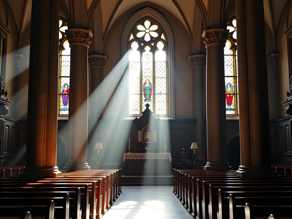 Sunlight streaming through stained glass in St. Stanislaus Parish Church in Poznan