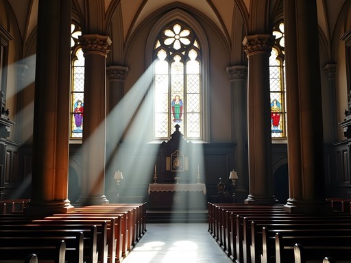 Sunlight streaming through stained glass in St. Stanislaus Parish Church in Poznan
