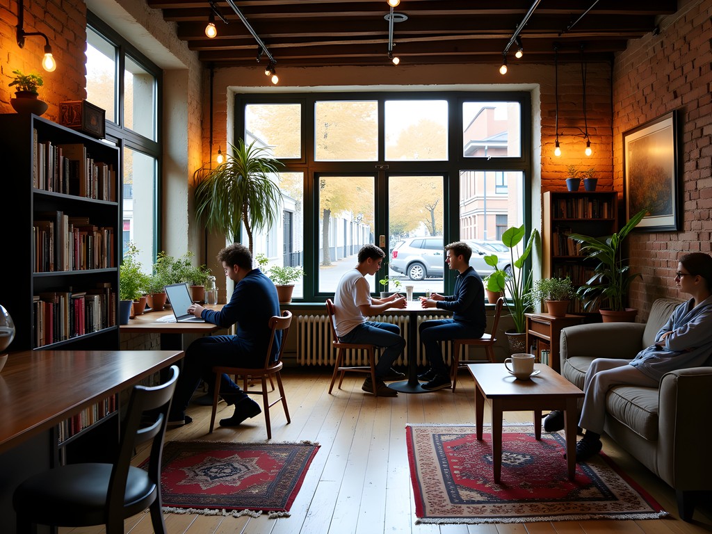 Cozy anti-café workspace in Poznan with students studying and socializing