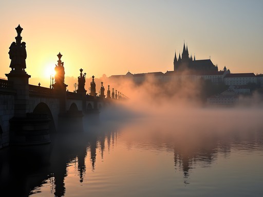 Charles Bridge at dawn with mystical morning mist rising from Vltava River and golden sunlight illuminating historic statues