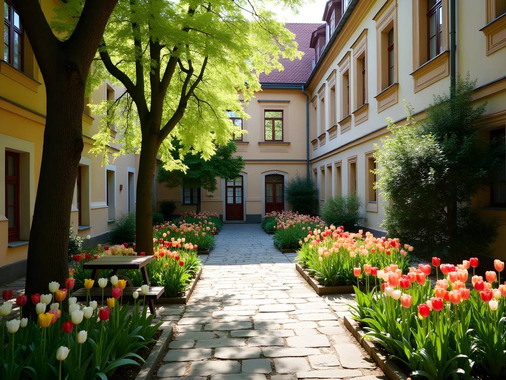Secluded Franciscan Garden in central Prague with blooming spring flowers, stone benches, and peaceful walkways