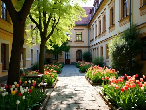 Secluded Franciscan Garden in central Prague with blooming spring flowers, stone benches, and peaceful walkways