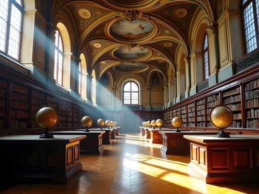 Sunlight streaming through windows of the historic Baroque Library at Prague's Klementinum