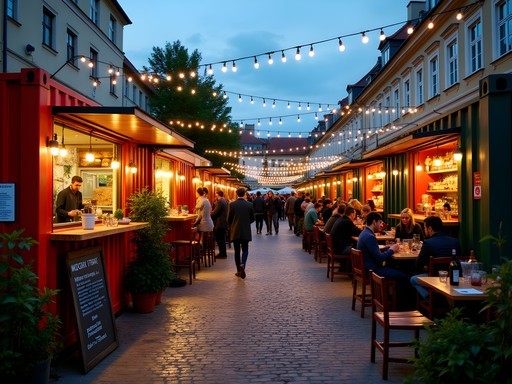 Vibrant evening scene at Manifesto Market showing diverse food trucks, string lights, and communal dining tables