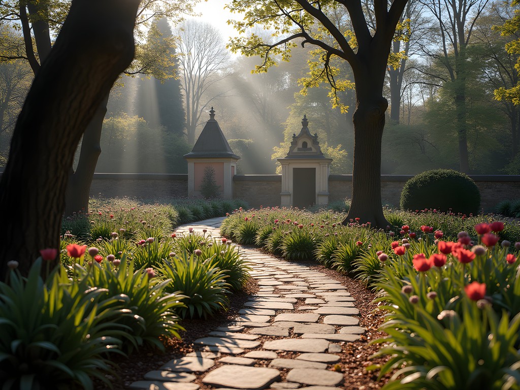 Secluded stone pathway through Vojanovy Sady garden with blooming spring flowers and ancient chapel in background