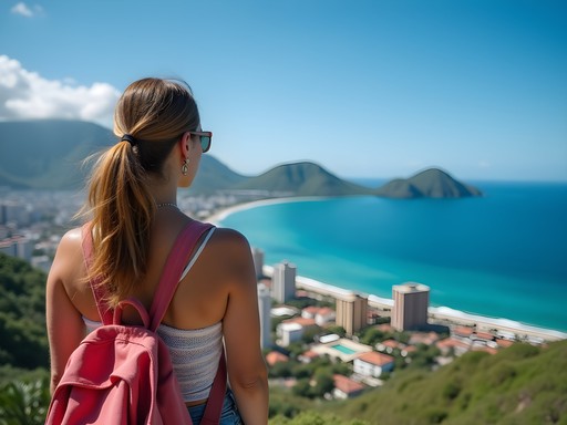 Female traveler enjoying panoramic view of Banderas Bay from Mirador La Cruz viewpoint