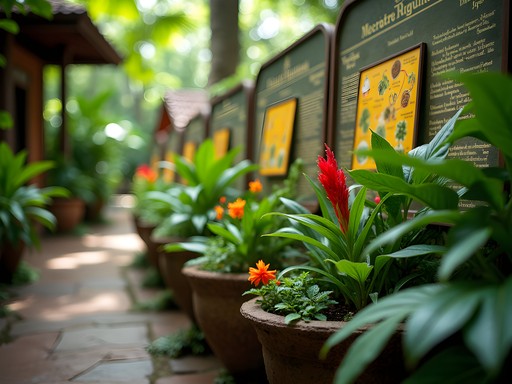 Medicinal plant display at Puerto Vallarta Botanical Gardens with informational plaques