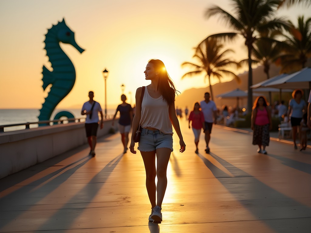 Solo female traveler walking along Puerto Vallarta's vibrant Malecón boardwalk at sunset