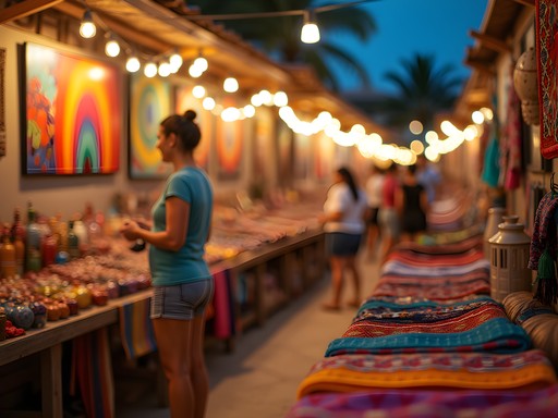 Colorful displays of handicrafts at Puerto Vallarta's Marina night market with string lights overhead