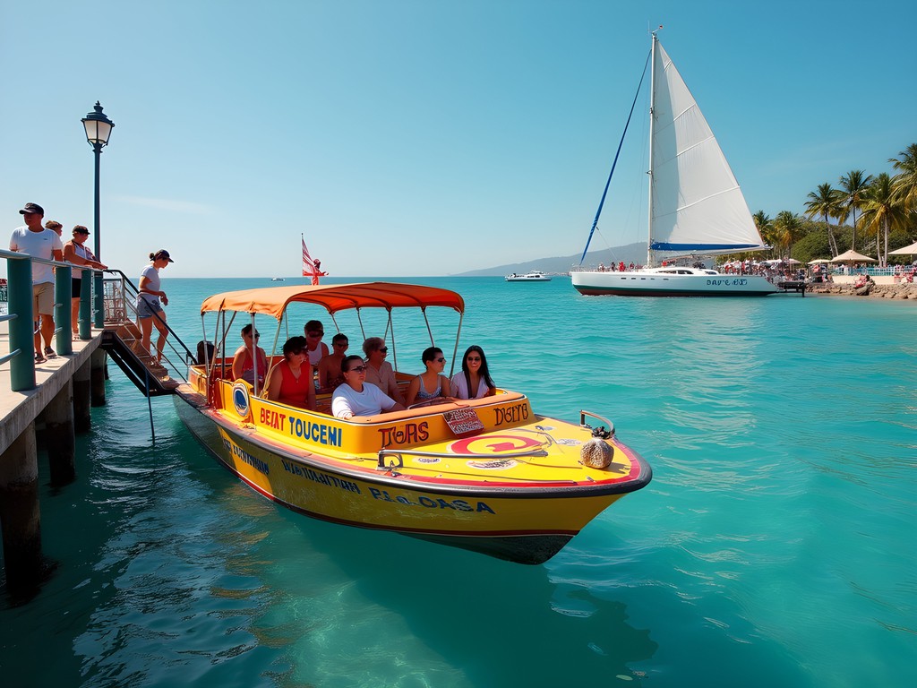 Water taxi departing from Los Muertos Pier in Puerto Vallarta with passengers