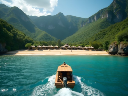 Water taxi arriving at Yelapa beach with jungle-covered mountains in background