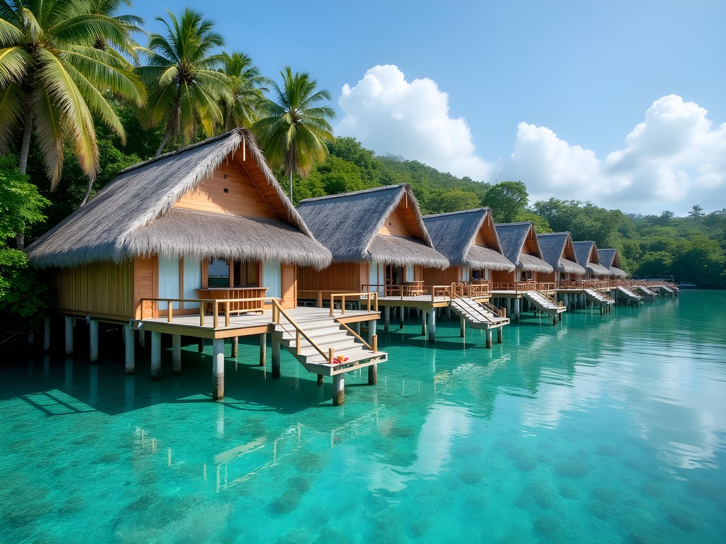 Wooden overwater bungalow homestay in Raja Ampat with turquoise water below