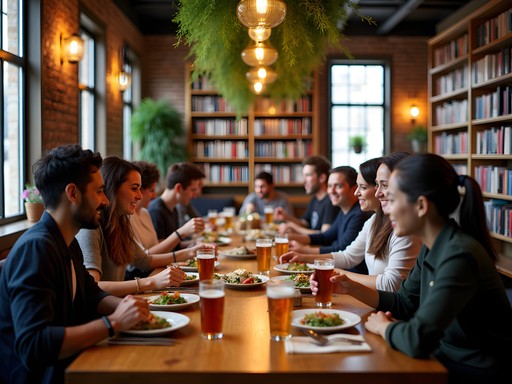 Solo traveler enjoying dim sum and beer at communal table in Brewery Bhavana Raleigh