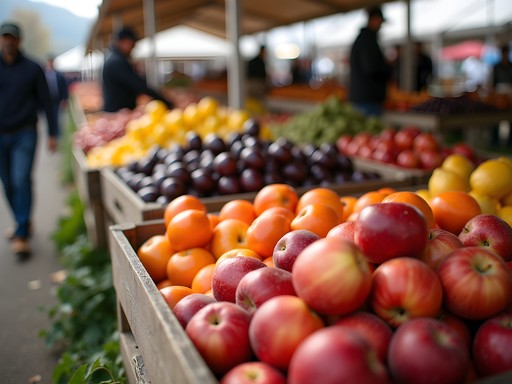 Fall produce display at Raleigh State Farmers Market with heirloom apples and persimmons