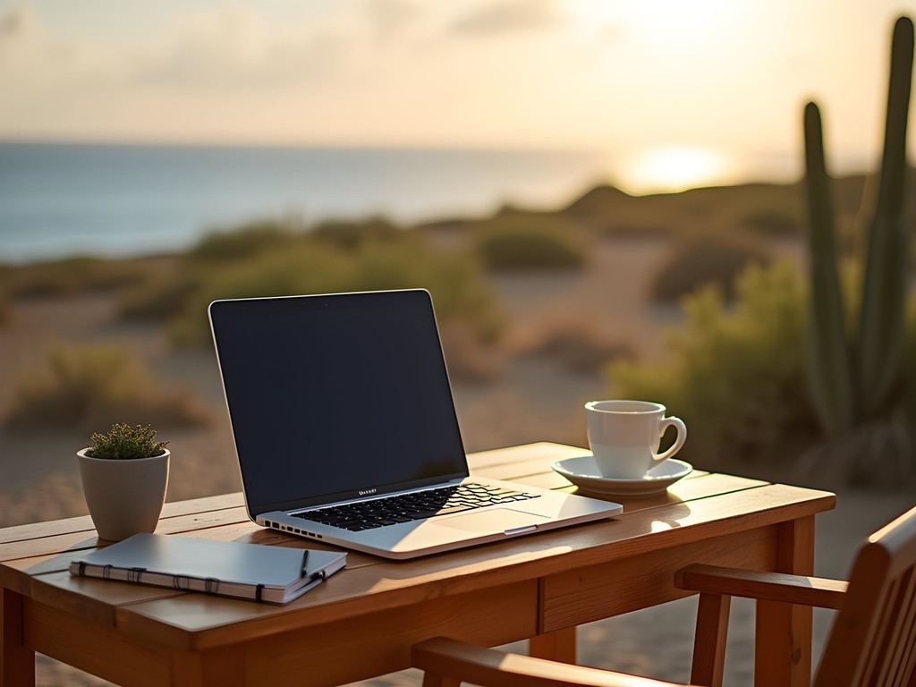 Remote workspace setup on terrace overlooking Rincon's landscape