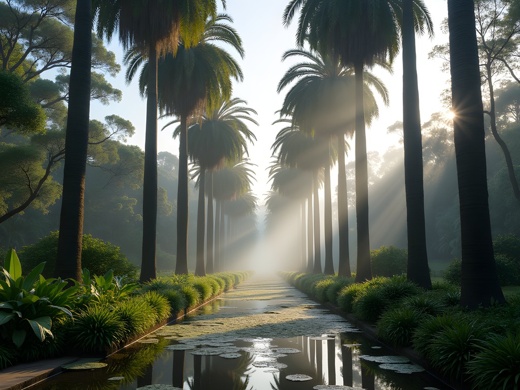 Tranquil meditation spot with imperial palms in Rio de Janeiro's Botanical Garden