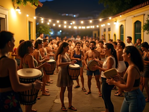 Authentic samba gathering at Pedra do Sal in Rio de Janeiro with locals dancing and playing instruments