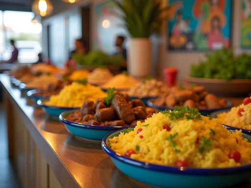 Colorful display of Brazilian dishes at a por kilo restaurant in Rio de Janeiro