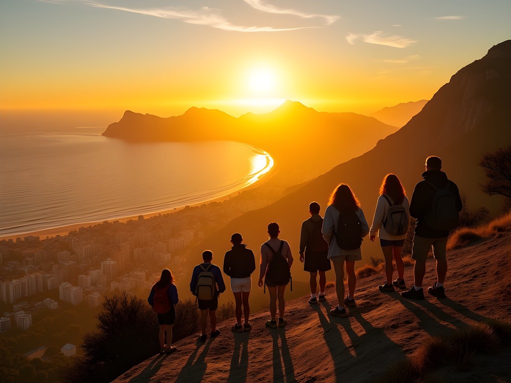 Group of diverse travelers enjoying sunset view from Dois Irmãos mountain in Rio de Janeiro