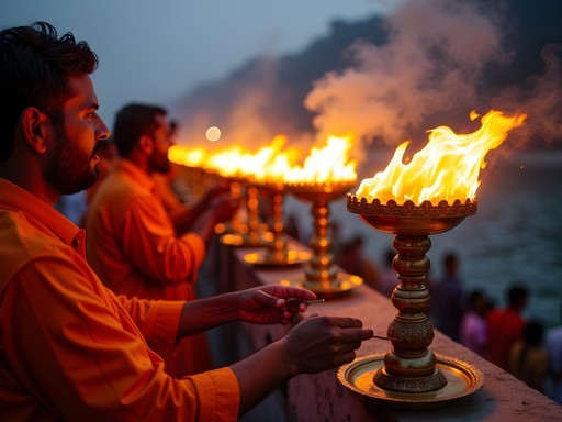 Evening Ganga Aarti ceremony at Parmarth Niketan with fire offerings and gathered devotees