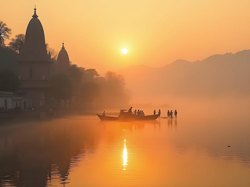 Woman meditating by the Ganges River at sunrise in Rishikesh with temples visible in background