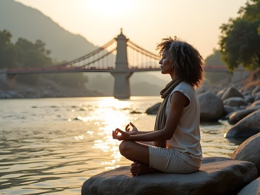 Woman meditating on a rock by the Ganges River in Rishikesh with suspension bridge in background