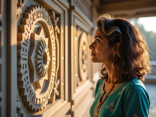 Sacred geometric patterns in Rishikesh temple architecture with author examining carvings
