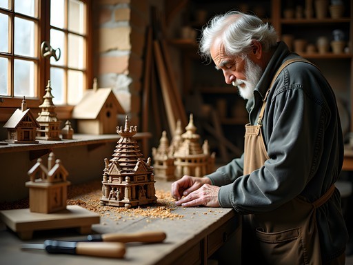 Traditional craftsman in Rothenburg workshop creating wooden mechanical components