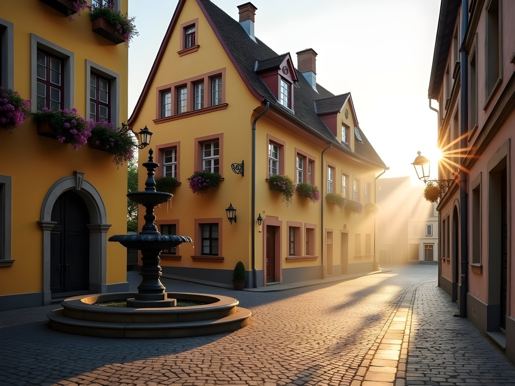 Famous Plönlein corner in Rothenburg completely empty at sunrise with golden light