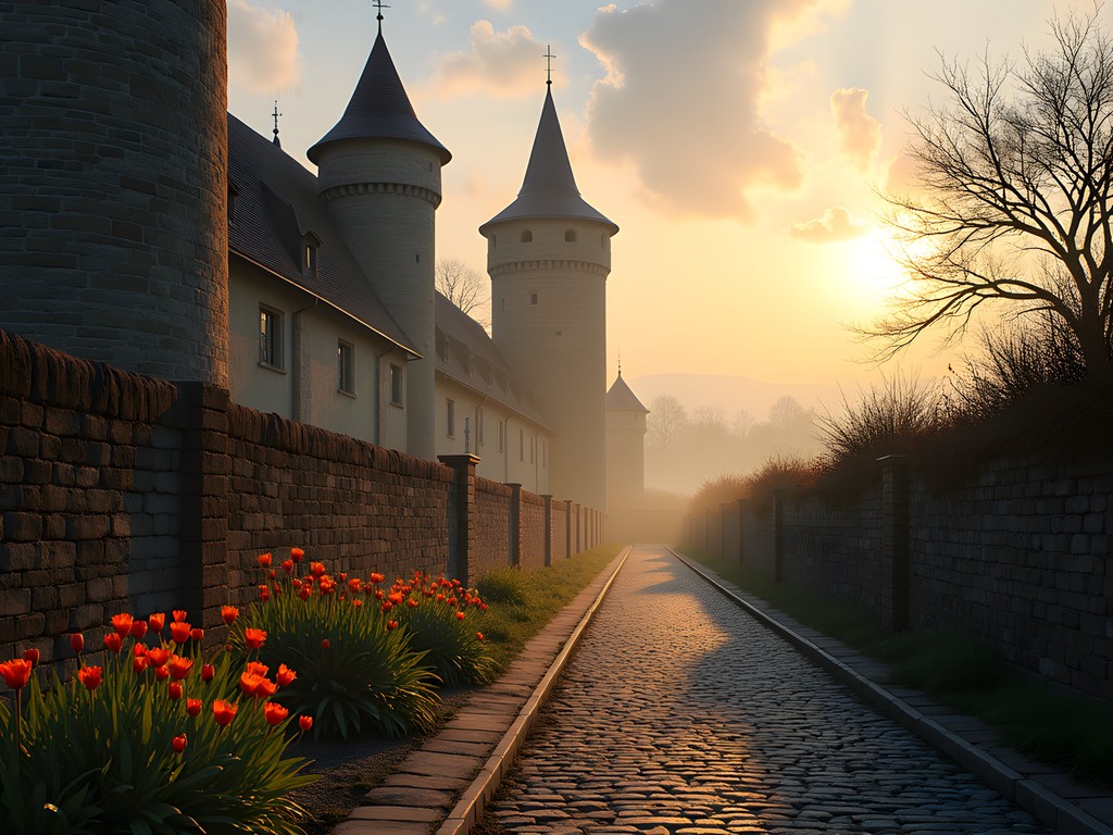 Early morning sunlight illuminating Rothenburg's medieval city walls with no tourists