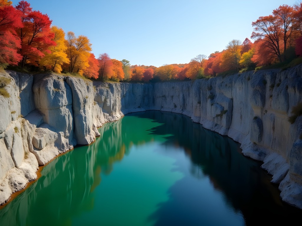 Emerald green quarry waters surrounded by granite walls and autumn foliage in Saint Cloud