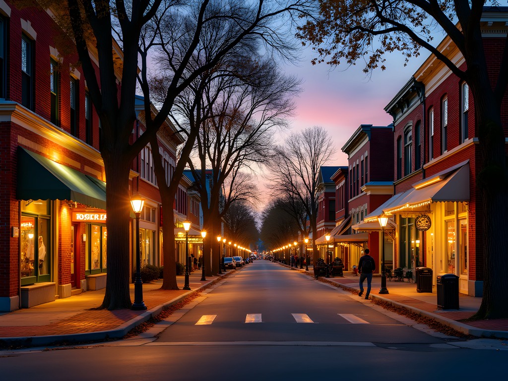 Salisbury Maryland downtown street at dusk with warm lights from shops and restaurants