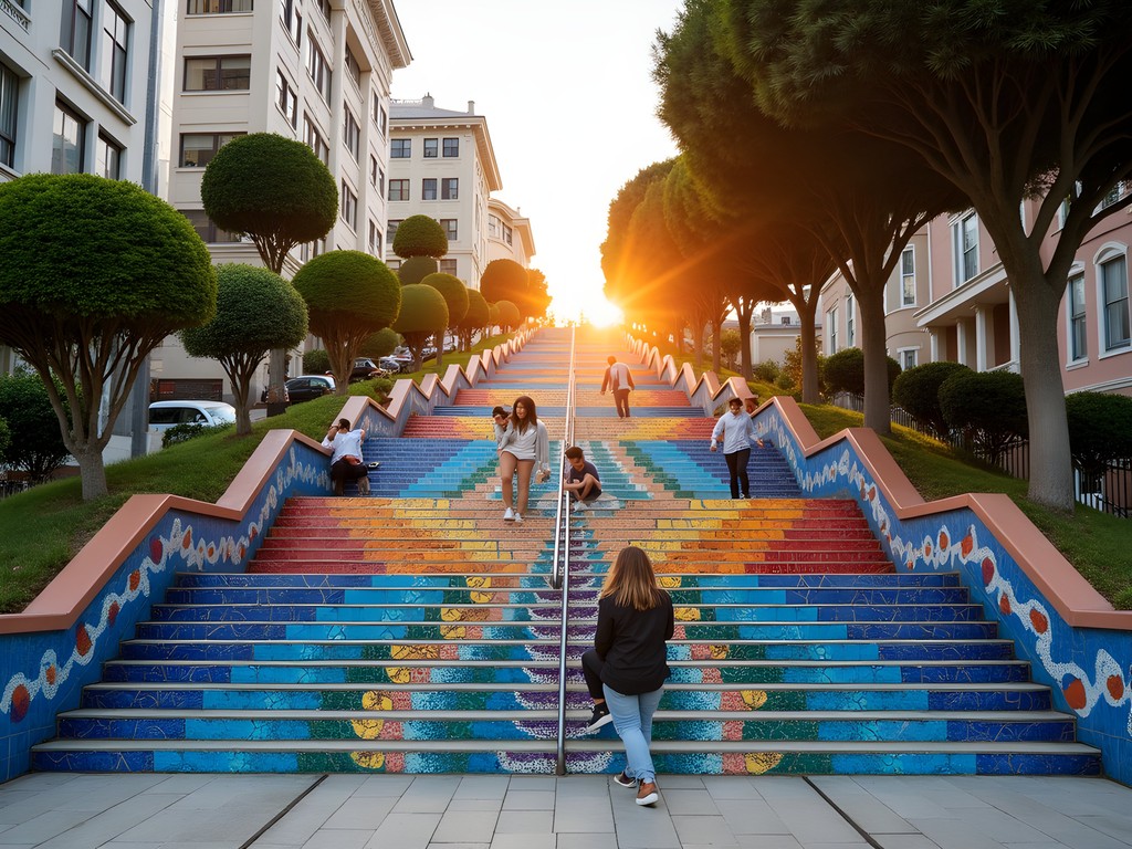 Colorful mosaic 16th Avenue Tiled Steps in San Francisco at golden hour
