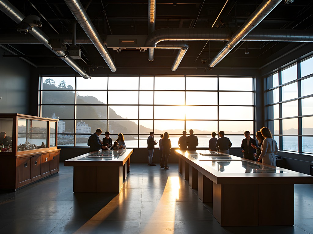 Interactive exhibits at the Exploratorium on Pier 15 with San Francisco Bay views