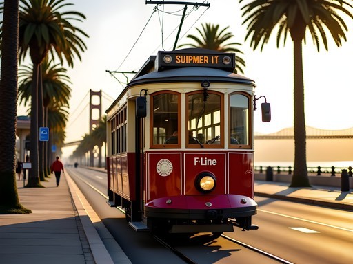 Historic F-Line streetcar traveling along the Embarcadero with Bay Bridge in background