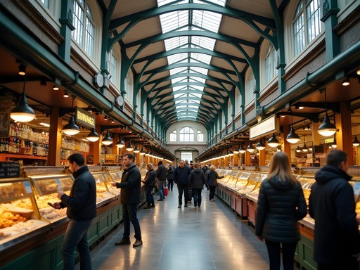 Interior of Ferry Building Marketplace showing gourmet food stalls and shops