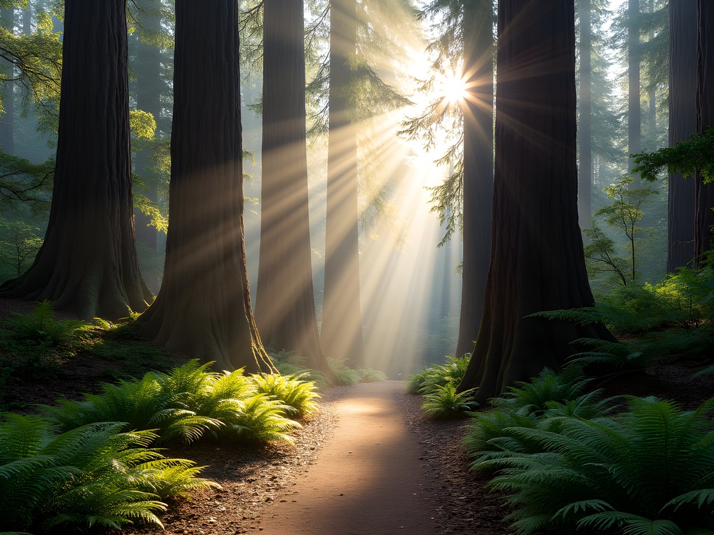 Sunlight filtering through ancient redwood trees on a path in Muir Woods National Monument