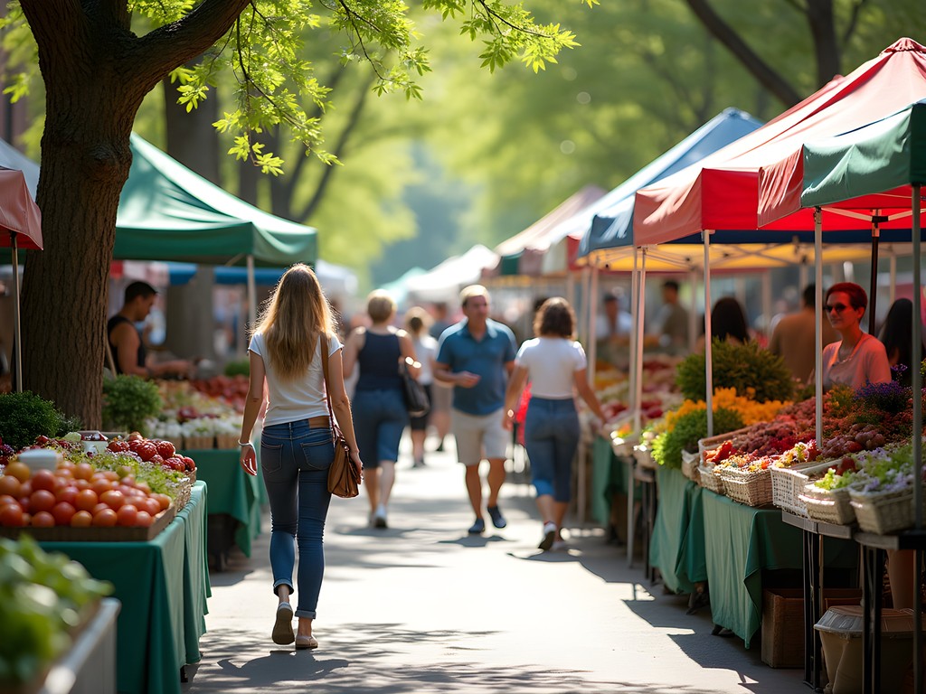 Colorful spring produce at Sandy Springs Farmers Market with shoppers browsing stalls