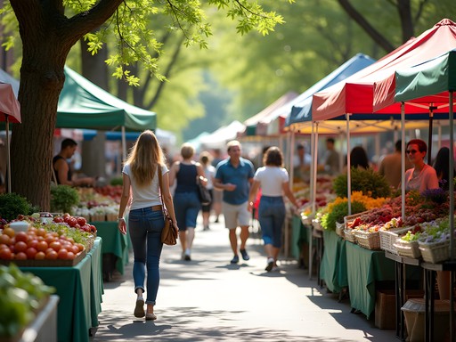 Colorful spring produce at Sandy Springs Farmers Market with shoppers browsing stalls