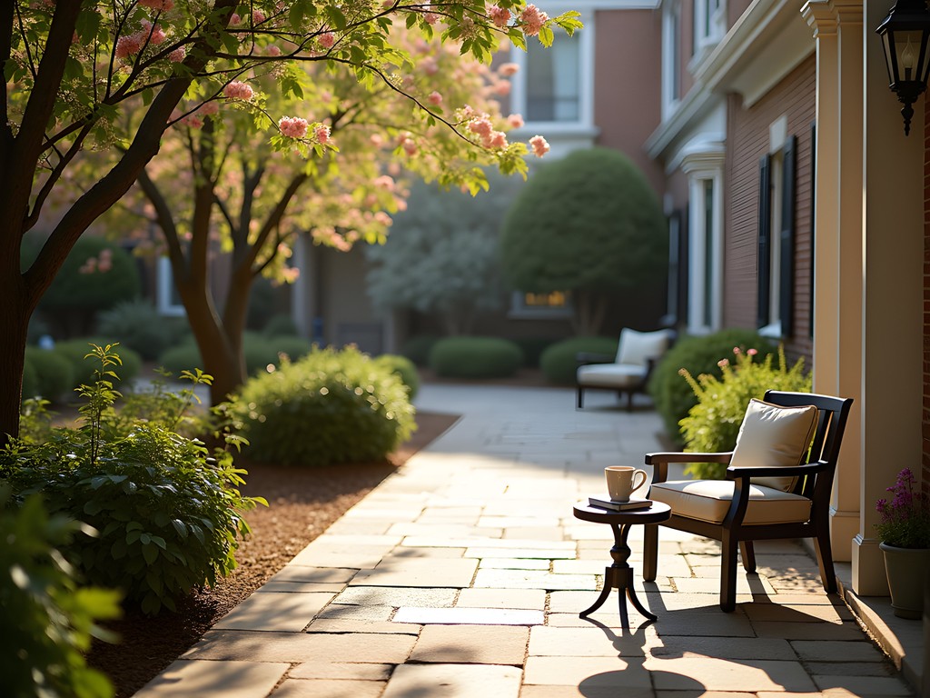 Peaceful hotel courtyard with morning light filtering through trees in Sandy Springs
