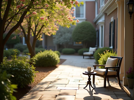 Peaceful hotel courtyard with morning light filtering through trees in Sandy Springs