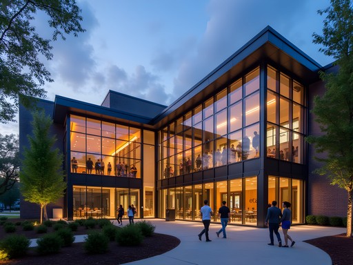 Modern architecture of Sandy Springs Performing Arts Center with evening lighting