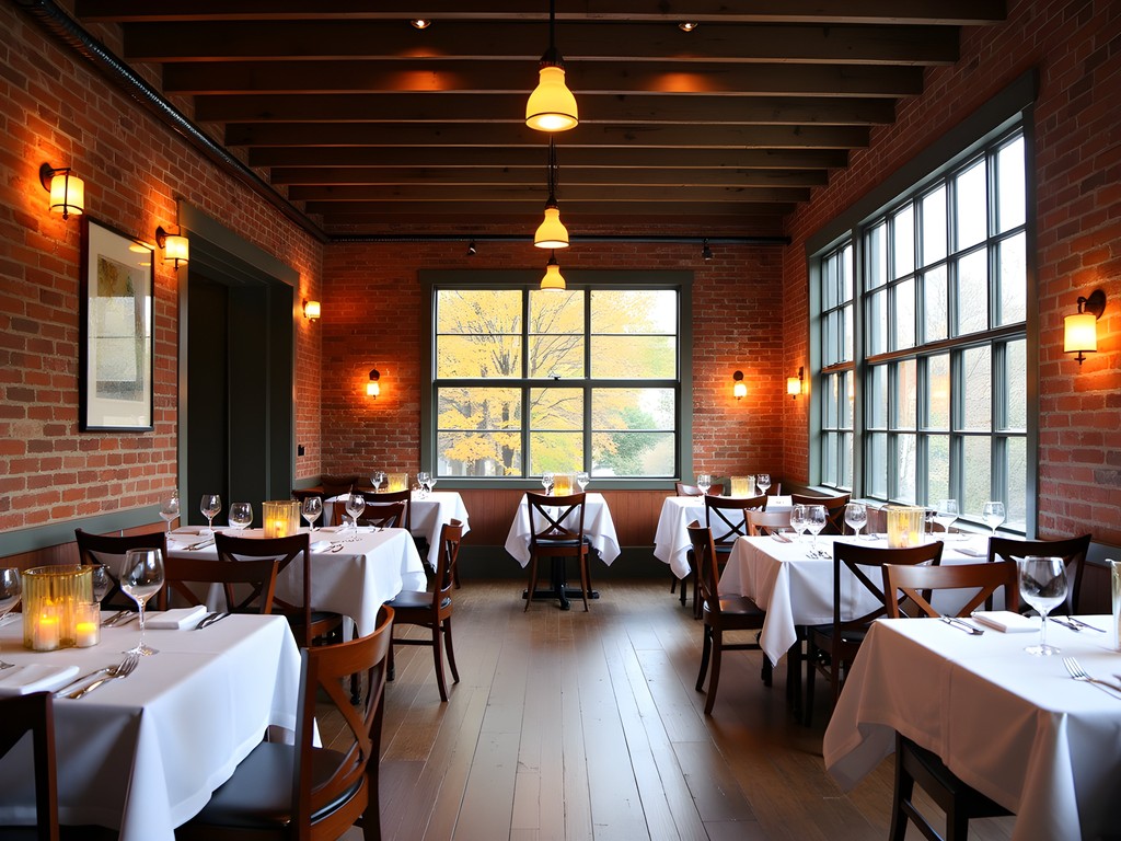 Cozy interior of Mill 67 restaurant in historic Sanford Mill with local Maine cuisine