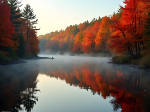 Solo kayaker on Mousam River surrounded by brilliant fall foliage