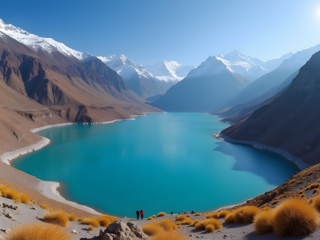Stunning turquoise waters of El Yeso reservoir in Cajón del Maipo, Chile