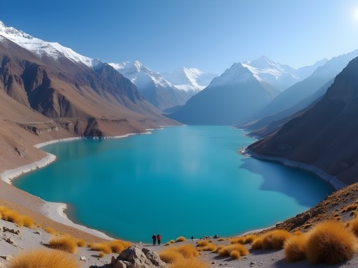 Stunning turquoise waters of El Yeso reservoir in Cajón del Maipo, Chile