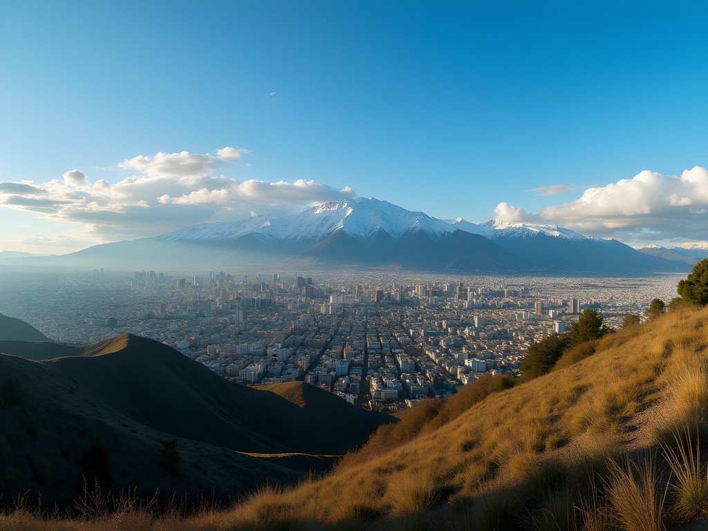 Panoramic view of Santiago from Cerro San Cristóbal with Andes mountains in background