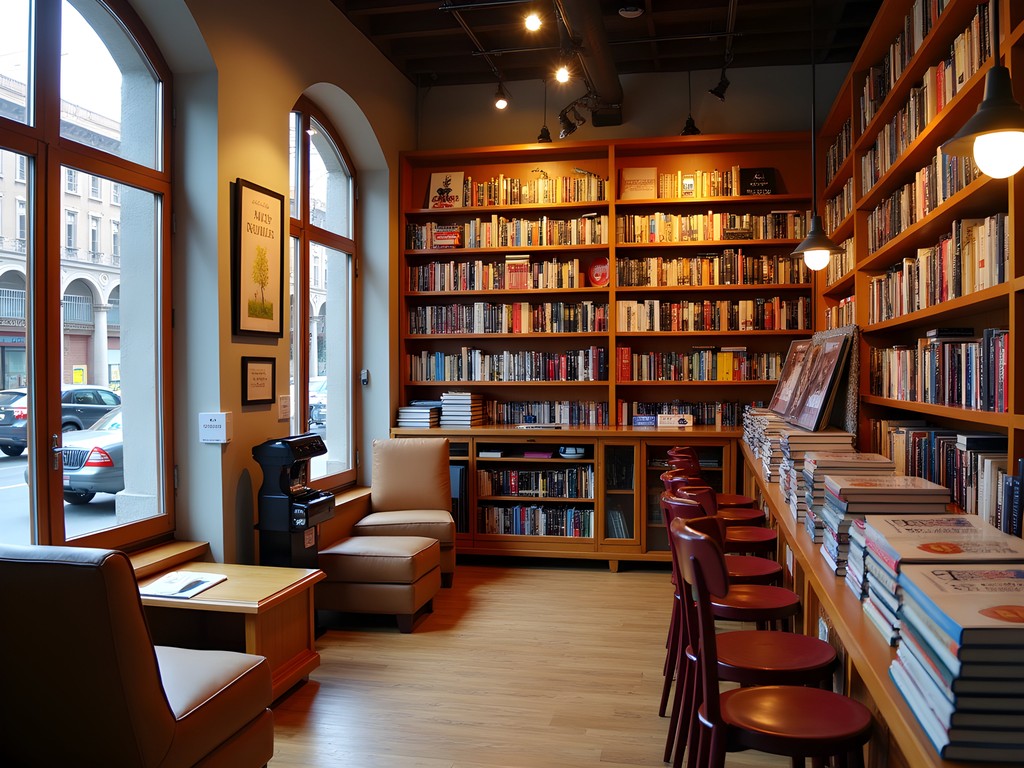 Woman browsing books in a cozy Santiago bookstore with coffee